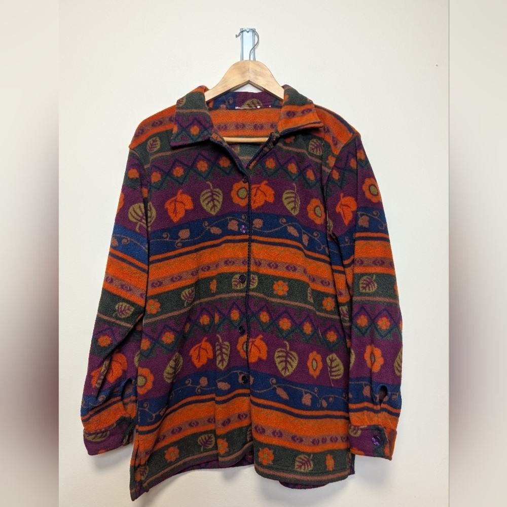 Vintage Patterned Fleece Shirt Jacket | Cozy Button-Up | M/L